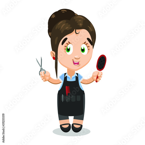 Pretty brown haired hairdresser in tool apron standing, smiling and keeping scissors, brush.