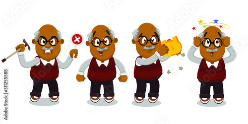 Vector set with afro-american elderly man in different mood and poses.