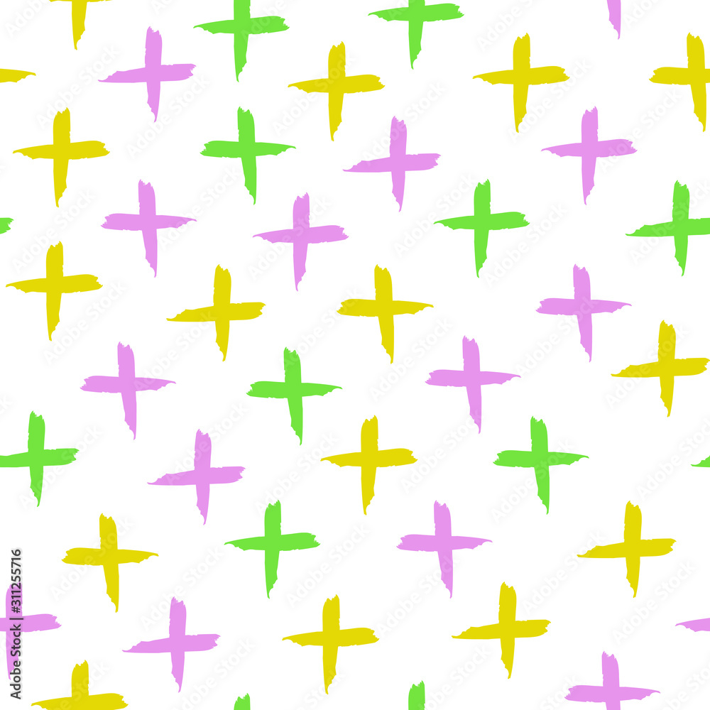 Seamless pattern with colorful crosses, pink, green and yellow crosses