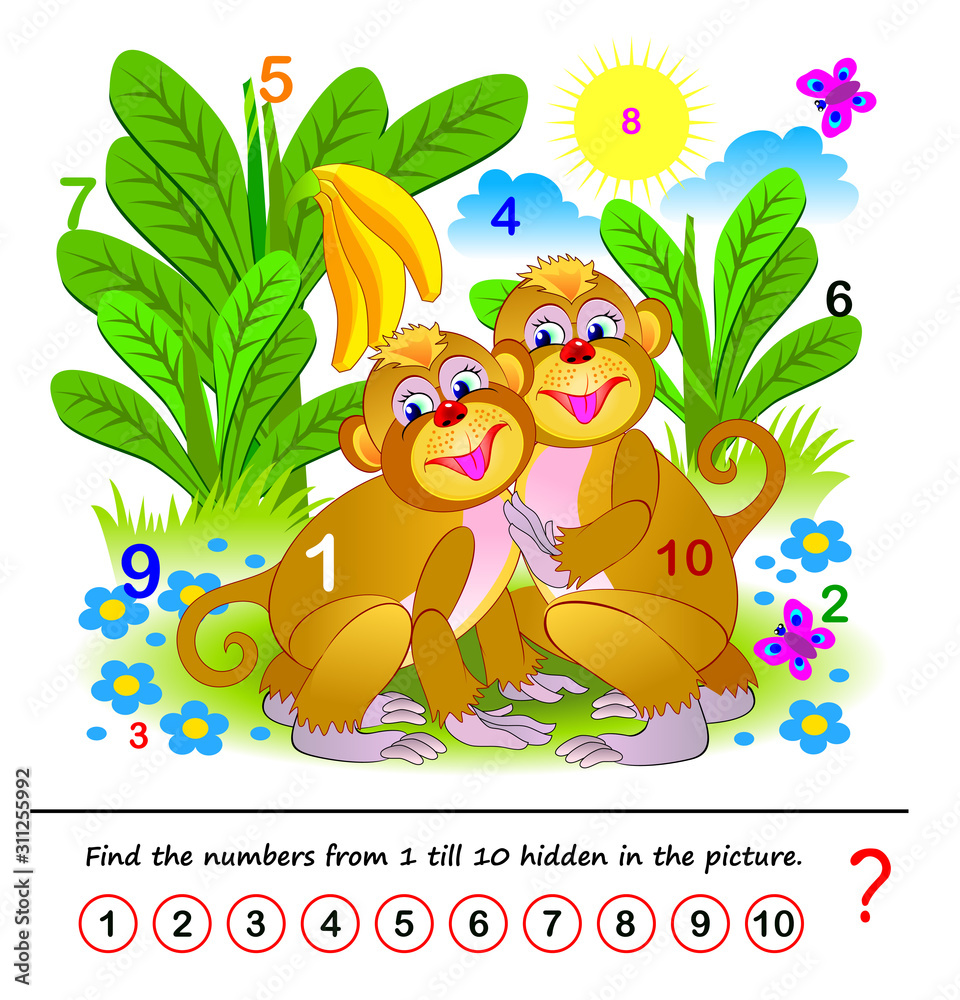 Math education for children. Logic puzzle game. Find the numbers from 1 till  10 hidden in the picture. Developing counting skills. Printable worksheet  for kids book. Illustration of two cute monkeys. Stock