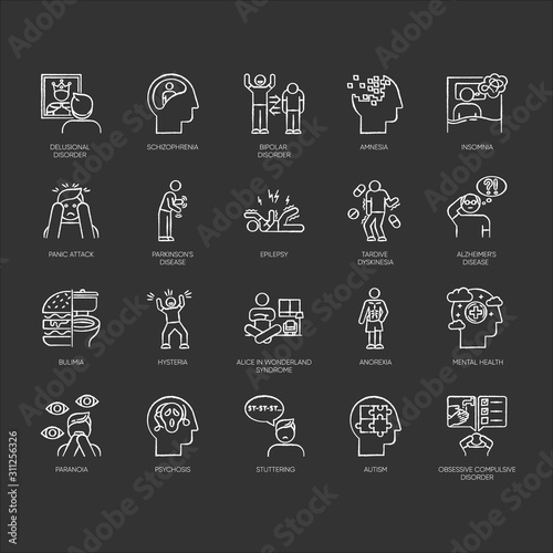 Mental disorder chalk icons set. Delusions, schizophrenia. Amnesia, insomnia. Bipolar disorder. Bulimia, anorexia. Autism. Obsessive-compulsive syndrome. Isolated vector chalkboard illustrations
