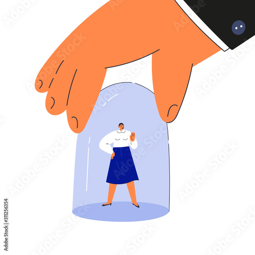 Gender inequality in employment concept.Tiny young woman under bell glass.Giant hand holding a bell.Sexism on work.Cartoon characters isolated on white background.Flat color vector illustration