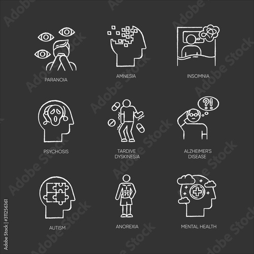 Mental disorder chalk icons set. Paranoia, psychosis. Amnesia, insomnia. Tardive dyskinesia. Alzheimer disease. Autism. Anorexia. Anxiety and depression. Isolated vector chalkboard illustrations