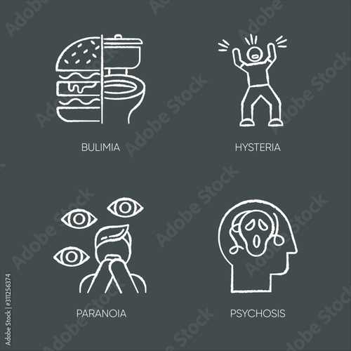Mental disorder chalk icons set. Bulimia. Eating disorder. Hysteria. Panic attack. Anxiety, depression. Paranoia. Fear and phobia. Psychosis. Isolated vector chalkboard illustrations