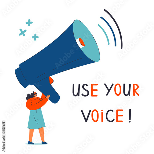 Feminism concept young tiny woman hold megaphone with lettering.Use your voice text.Cartoon characters isolated on white background.Colorful flat vector illustration.Empowerment of women.GRL PWR
