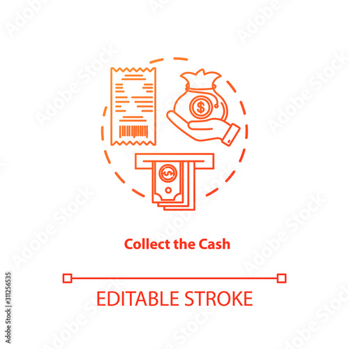 Collect cash red gradient concept icon. Money withdrawal idea thin line illustration. ATM transaction step. Bankomat. Cashpoint, cashline. Banking. Vector isolated outline drawing