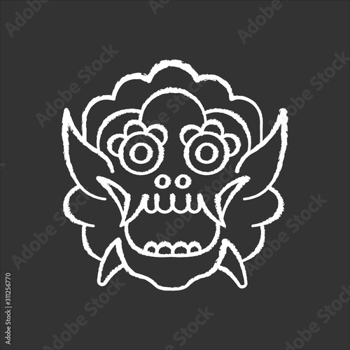 Indonesian mask chalk icon. Balinese dragon. Culture and tradition of local tribes. Ritual, sacred and spiritual object. Handmade souvenir from Bali. Isolated vector chalkboard illustration