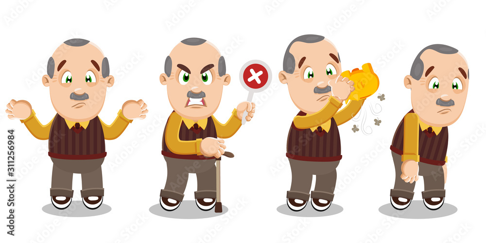 Vector set with mustached balding aged man in different mood and poses. Vector set with mustached balding aged man in different mood and poses.