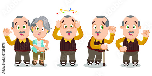 Different moments of typical day of silver haired elderly pensioners.