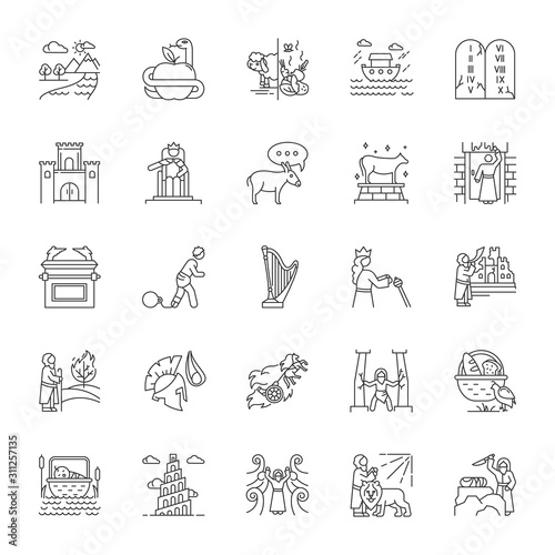 Bible narratives linear icons set. Noah Ark, Babel tower. Moses, God myths. Religious legends. Biblical stories. Thin line contour symbols. Isolated vector outline illustrations. Editable stroke