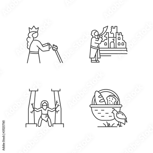 Bible narratives linear icons set. Samson  manna and quail  The fall of Jericho myths. Biblical stories plot. Thin line contour symbols. Isolated vector outline illustrations. Editable stroke