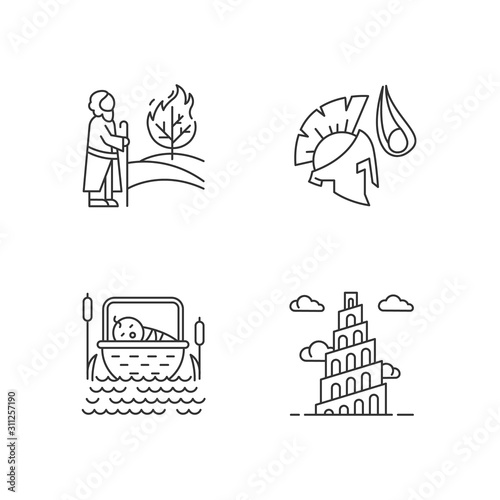 Bible narratives linear icons set. The birth of Moses, David and Goliath, Babel tower myths. Biblical stories. Thin line contour symbols. Isolated vector outline illustrations. Editable stroke