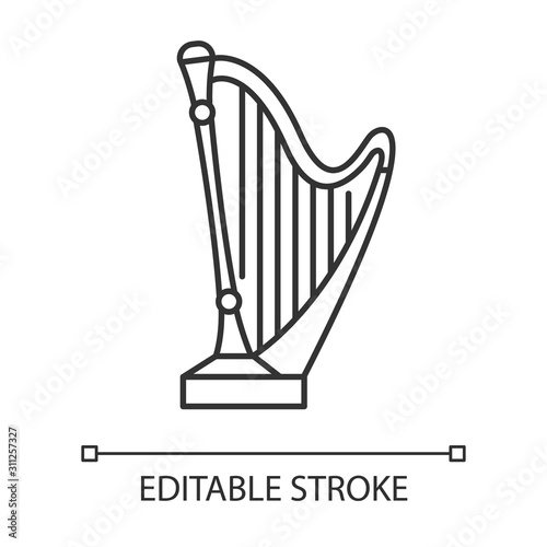 Psalms of David Bible story linear icon. Golden harp, sacred musical instrument. Biblical narrative. Thin line illustration. Contour symbol. Vector isolated outline drawing. Editable stroke