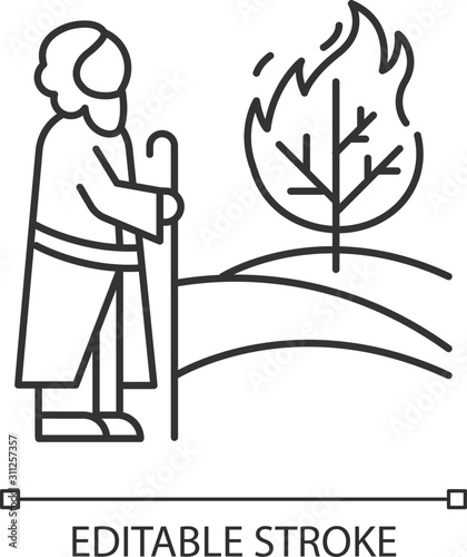 Moses and the burning bush Bible story linear icon. Prophet and tree in flame. Biblical narrative. Thin line illustration. Contour symbol. Vector isolated outline drawing. Editable stroke