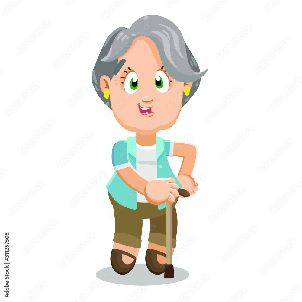Silver haired aged woman in light blue blazer and brown trousers standing with walking stick. Silver haired aged woman in light blue blazer and brown trousers standing with walking stick.