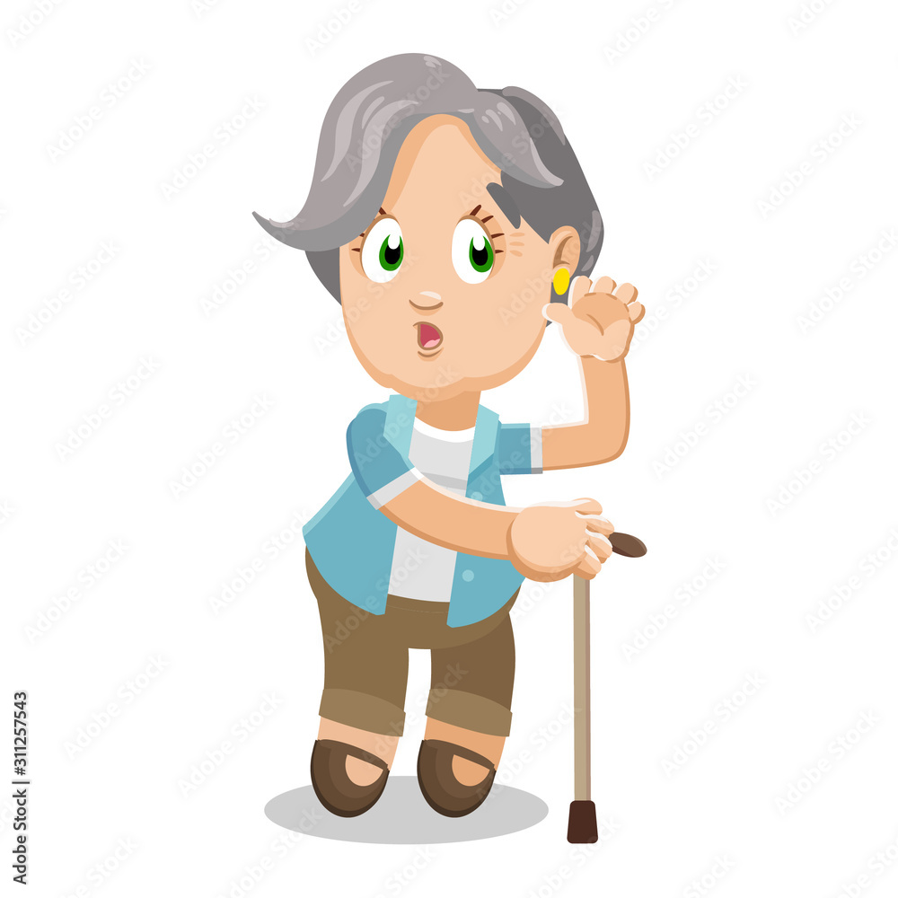 Silver haired aged woman standing putting hand to ear to hear better. Silver haired aged woman standing putting hand to ear to hear better.