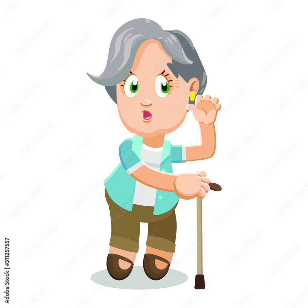 Silver haired aged woman standing putting hand to ear to hear better. Silver haired aged woman standing putting hand to ear to hear better.