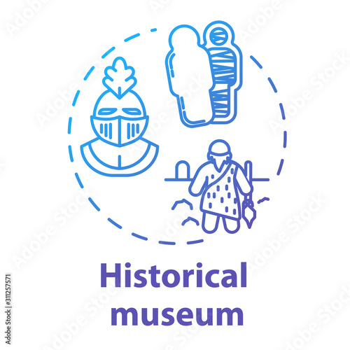 Historical museum concept icon. Paleontology and anthropology. Ancient archeological artifact. Sarcophagus, helmet. Cultural exhibition idea thin line illustration. Vector isolated outline drawing