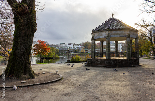 City park of Stavanger with lake and pavilion, Norway
