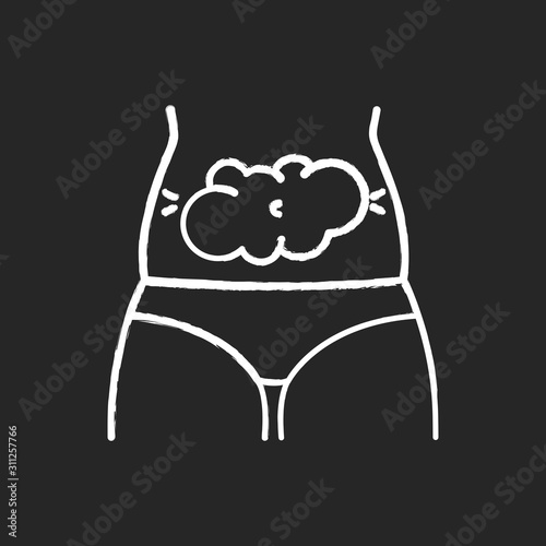 Bloating chalk icon. Predmenstrual abdominal pain. Digestive tract problem. Stomach ache and discomfort. Flatulence and gas. Menstruation symptom. Healthcare. Isolated vector chalkboard illustration