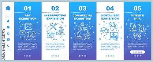 Exhibition and museum onboarding mobile web pages vector template. Responsive smartphone website interface idea with linear illustrations. Webpage walkthrough step screens. Color concept