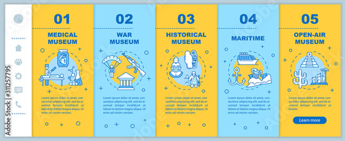 Exhibition and museum onboarding mobile web pages vector template. Responsive smartphone website interface idea with linear illustrations. Webpage walkthrough step screens. Color concept