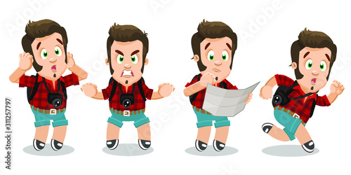 Vector set with brown haired young man in different mood and poses.