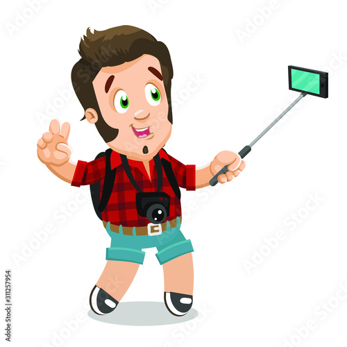 Brown haired young man, tourist, traveller, blogger, vlogger taking selfie with stick, smartphone.