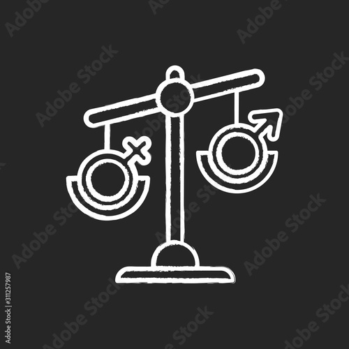 Hormone imbalance chalk icon. Female and male gender sign on scale. Unbalanced seesaw. Disbalance in testosterone and estrogen. Sexism and inequality. Sexology. Isolated vector chalkboard illustration