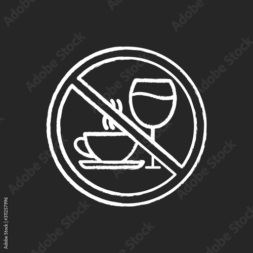 Caffeine and alcohol refusal chalk icon. Deny wine and coffee. No unhealthy habits. Stop sign with beverages. Anxiety and insomnia prevention. Self-efficacy. Isolated vector chalkboard illustration