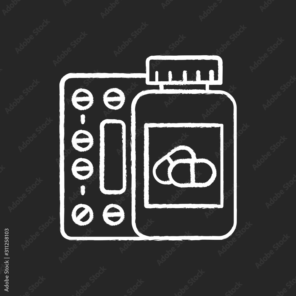 Medication chalk icon. Pills in bottle. Prescription and supplement. Medical product. Pharmaceutical medicament. Tablets and capsules. Painkiller dose. Isolated vector chalkboard illustration Medication chalk icon. Pills in bottle. Prescription and supplement. Medical product. Pharmaceutical medicament. Tablets and capsules. Painkiller dose. Isolated vector chalkboard illustration