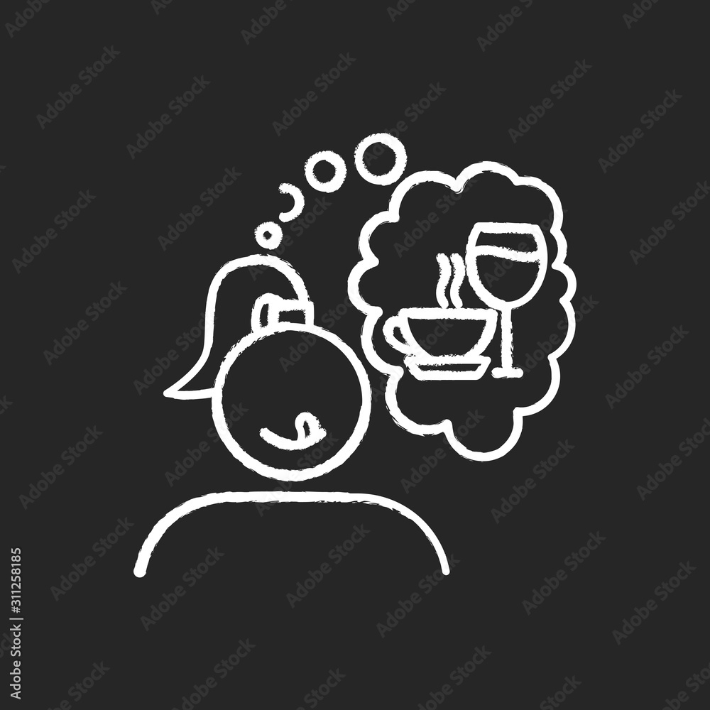 Alcohol and coffee craving chalk icon. Thirsty woman. Woman thinking of wine. Unhealthy eating habit. Thought of drinks. Girl desire for tea. Tasty beverage. Isolated vector chalkboard illustration Alcohol and coffee craving chalk icon. Thirsty woman. Woman thinking of wine. Unhealthy eating habit. Thought of drinks. Girl desire for tea. Tasty beverage. Isolated vector chalkboard illustration