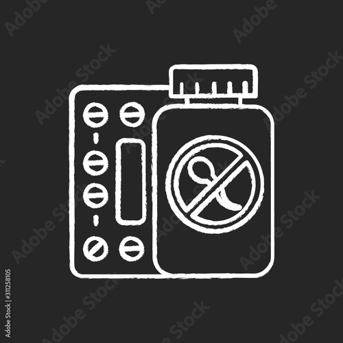 Birth control chalk icon. Unwanted pregnancy prevention. Unintended childbirth precaution. Pills for women. Oral contraceptive. Predmenstrual syndrome aid. Isolated vector chalkboard illustration