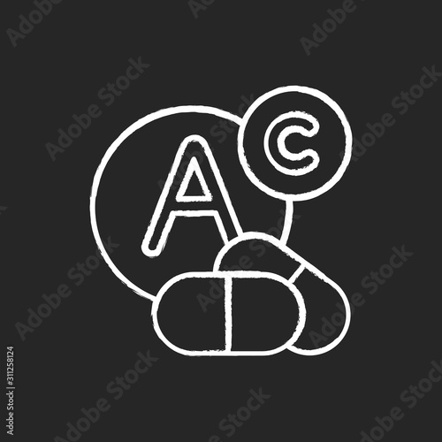 Vitamin intake chalk icon. Diet supplement. Multivitamin complex supply. Nutrition and healthcare. Medicament treatment. Wellness, wellbeing. Chemical product. Isolated vector chalkboard illustration