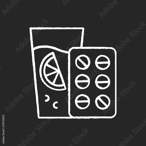 Vitamin intake chalk icon. Orange juice. Diet supplement. Citrus drink with vitamin C. Fruit beverage. Healthcare and nutrition. Multivitamin complex. Isolated vector chalkboard illustration
