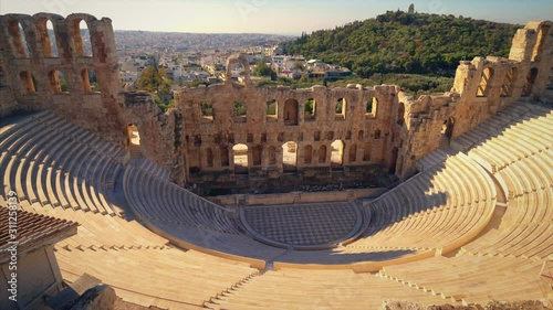 Theatre of Dionysus below the Acropolis in Athens, Greece is considered to be the worlds first theater aka Odeon of Herodes Atticus