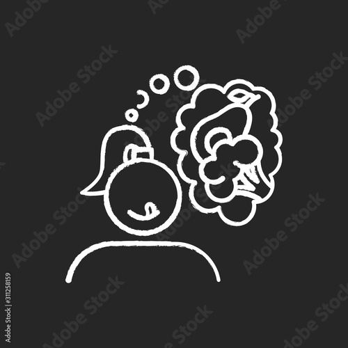 Vegetable carving chalk icon. Hungry for healthy food. Broccoli and avocado. Vegan girl. Nutritious diet. Appetite and hunger. Woman thinking of veggies. Isolated vector chalkboard illustration