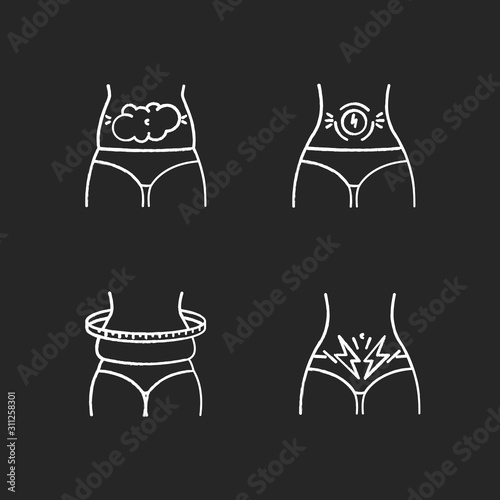 Abdominal pain chalk icons set. Bloating and flatulence. Female waist weight gain. Stomach ache. Predmenstrual syndrome. Period symptom. Illness and sickness. Isolated vector chalkboard illustrations