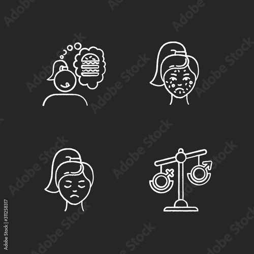 Predmenstrual syndrome chalk icons set. Food craving. Girl hungry for burger. Acne, pimple. Dermatology, cosmetology. Sadness and stress. Hormonal disbalance. Isolated vector chalkboard illustrations