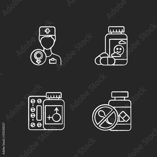 Gynecology chalk icons set. Female doctor consultation. Antidepressant pills. Hormone replacement therapy. Birth control. Oral contraceptive. Medication, drug. Isolated vector chalkboard illustrations