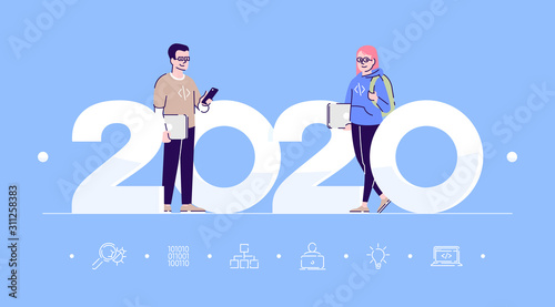 Professions 2020 flat banner vector template. Programmers isolated cartoon characters on blue. Software developers. People with laptops. Banner, brochure page, leaflet design layout, place for text
