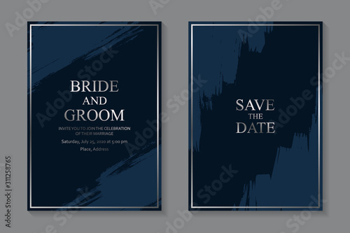 Set of modern grunge luxury wedding invitation design or card templates for business or presentation or greeting with silver frame and paintbrush strokes on a navy blue background.