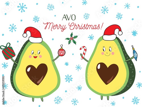 Cute Christmas placement print vector illustration with two happy kawaii avocados wearing Santa hats with lettering words Avo Merry Christmas photo