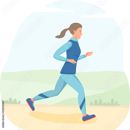 Women running outdoor, jogging in park, vector illustration