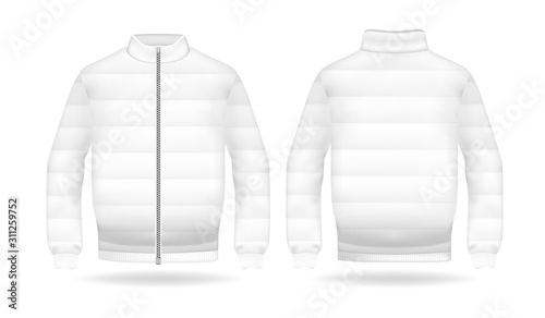 Realistic mockup of jacket or puffer coat. Men's and women's Jacket with long sleeves. Clothes in light, white colors. Template warm apparel with zipping. Front and back view