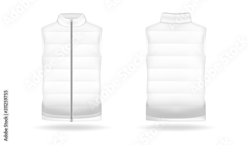 Realistic mockup of jacket or puffer waistcoat. Sleeveless men and women jacket. Clothes in light, white colors. Template warm apparel with zipping. Front and back view