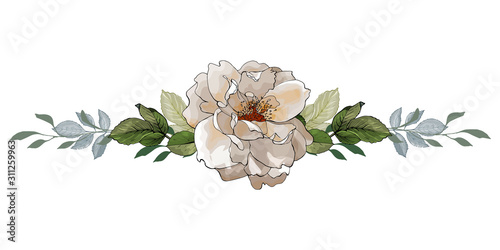 Horizontal border with white flower rose and leaves on white. Hand drawn. For your design, greeting cards, wedding invitation. Vector stock illustration.
