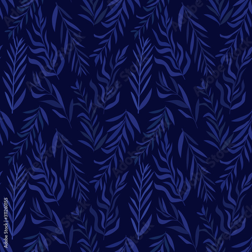 Seamless pattern with light blue leaves on blue background