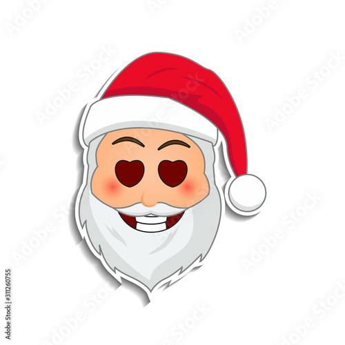 Emoji santa claus in sticker style. Winter holidays emotion. Santa clause in eyes with hearts emoji icon