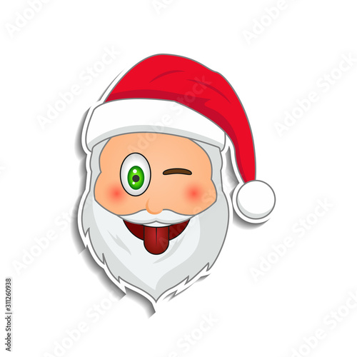 Emoji santa claus in sticker style. Winter holidays emotion. Santa clause in tease emoji icon